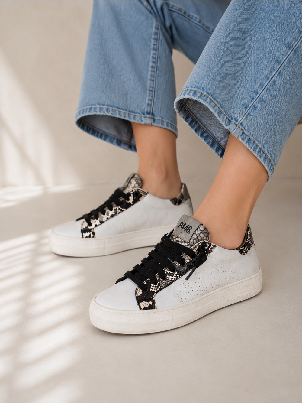 P448 Platform Sneakers White Leather Snakeskin Black Glitter Lace Sneakers 40